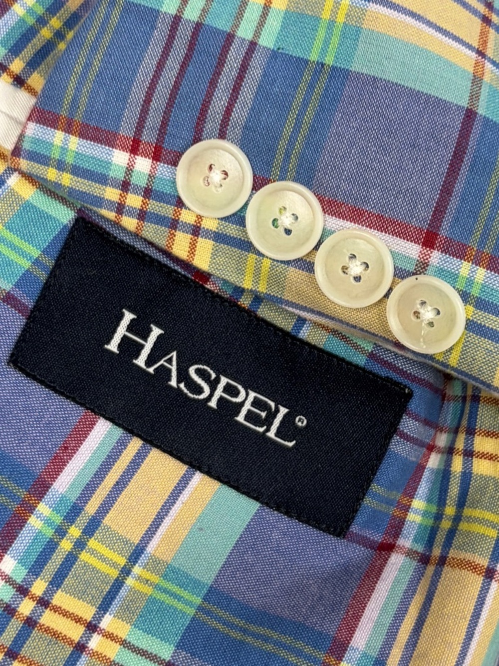 New Haspel Sport Coat Mens 42R Blue Yellow Red Cotton Plaid Casual Blazer